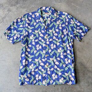 Vintage Paradise Found Men's Blue White Green Floral Hawaiian Button Front Shirt